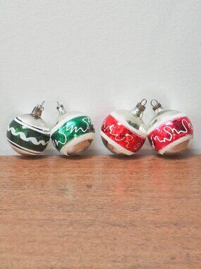 Vtg Painted Glass Christmas Balls Set of 4 -  1.75" Diameter - Green Red Silver